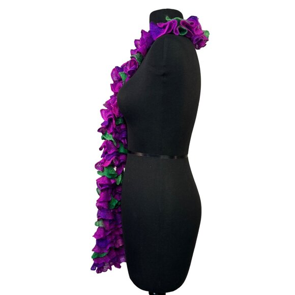 Hand-Knitted Ruffle Scarf In Vibrant Purple & Green - Picture 4 of 4